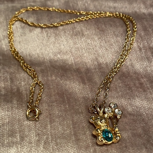 Adorable Bear & Balloons Green Belly Pendant Necklace in Gold Tone - Picture 4 of 7